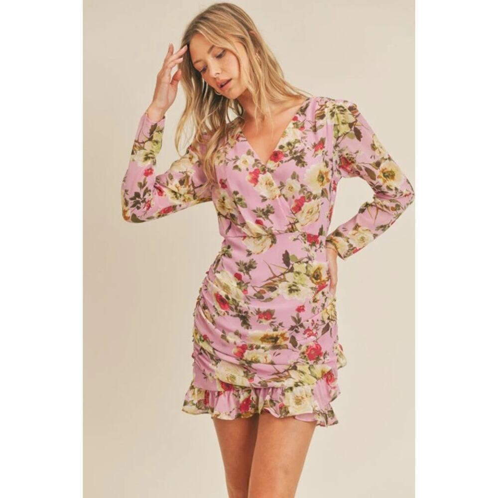 Lush Marvelous Dress Floral Long Sleeve Ruched Wrap Mini Mauve Magenta NWT Small
